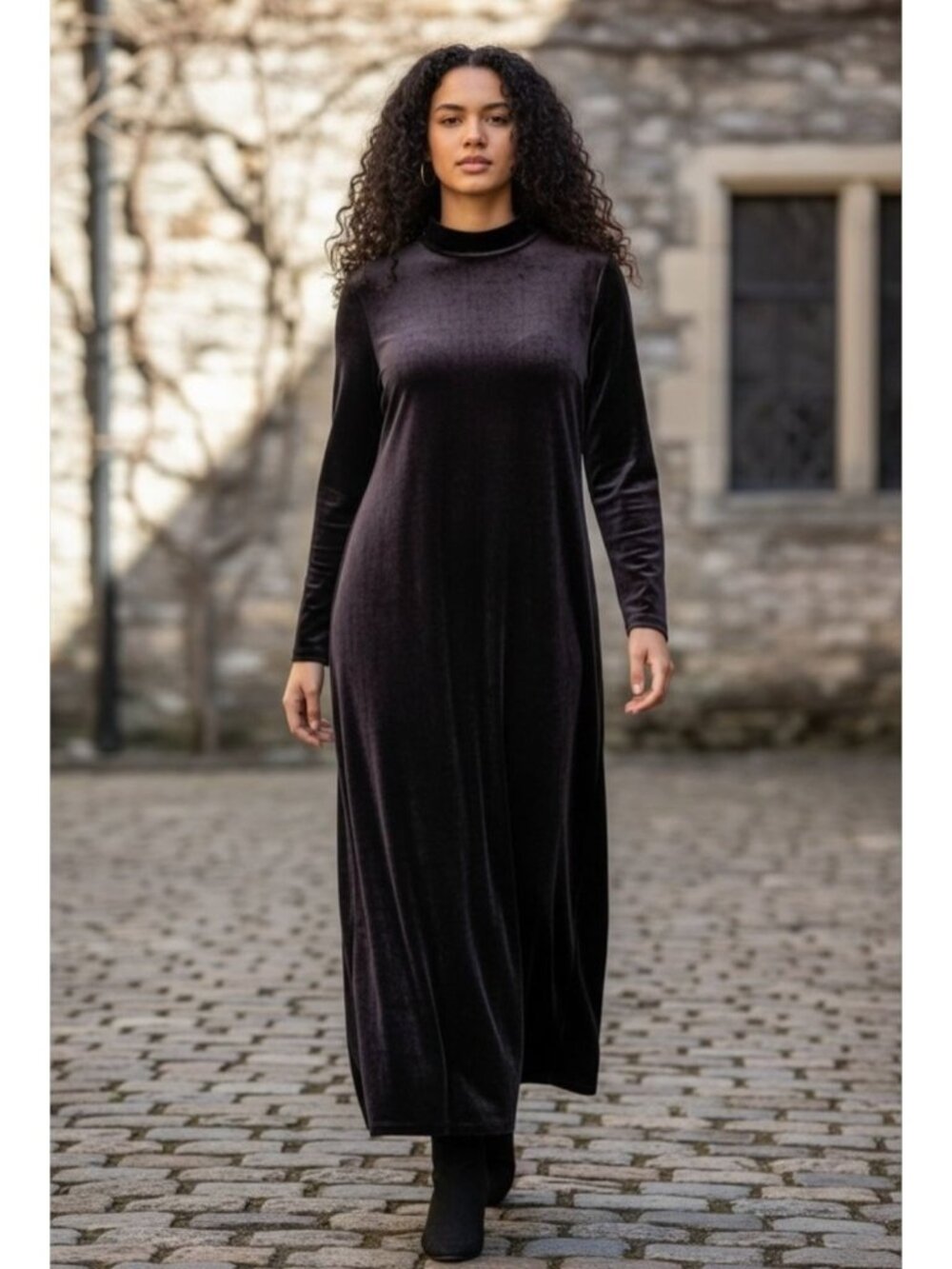 Express Luxury Dark Purple Mock Neck Long‎ Sleeve Velvet Velour Maxi Dress 13/14